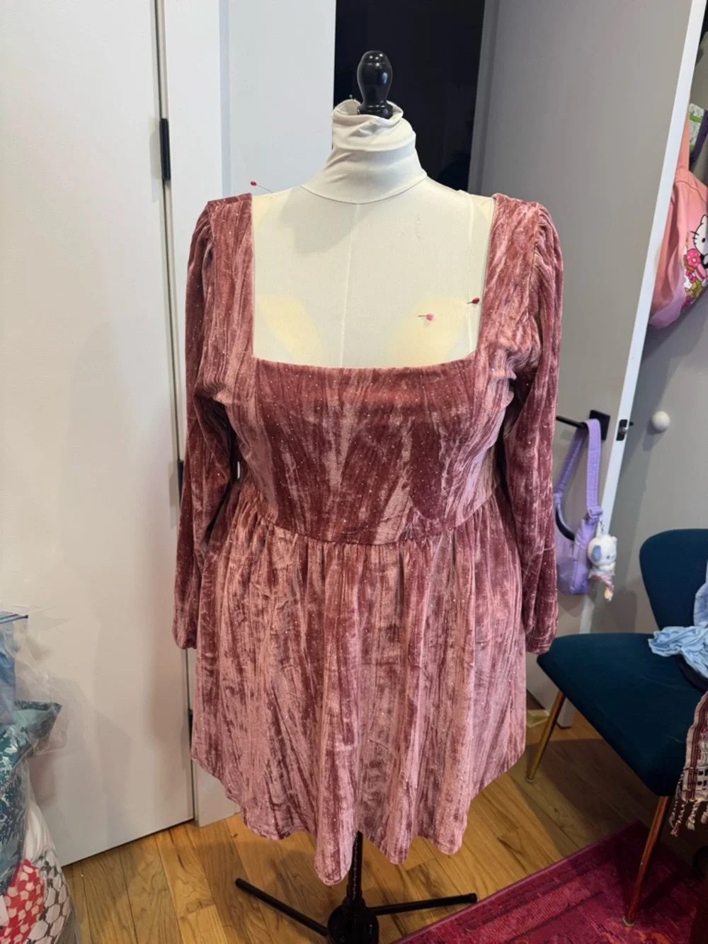 Velvet Square Neck Rhinestone Ruffle Mini Dress Curve & Plus - Picture 2 of 5